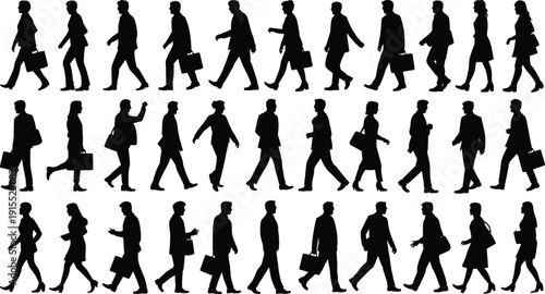 Rows of business people walking in various strides, professional silhouettes with briefcases and handbags, urban commute scene, office workers, pedestrian motion study