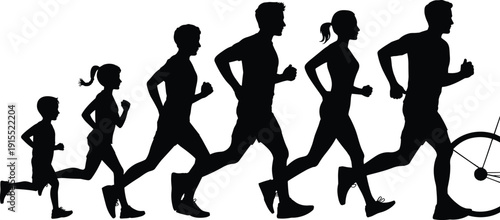 Running progression silhouette vector illustration, people jogging from child to adult, fitness growth timeline concept