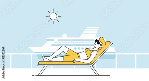Woman Sunbathing On Deck Chair With Cruise Ship And Sun Illustration
