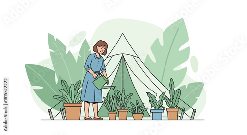 Woman Tending Potted Plants In Front Of A Tent Surrounded By Lush Foliage