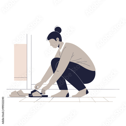 Woman Organizing Footwear Indoors Minimalist Daily Chore Illustration