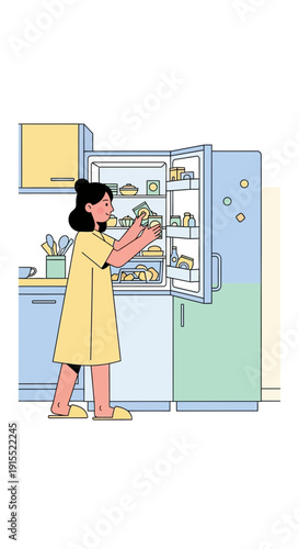 Woman Organizing Fresh Groceries Inside A Modern Refrigerator Kitchen