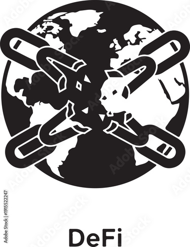 Black and white globe with broken chain links and De Fi text earth connection d