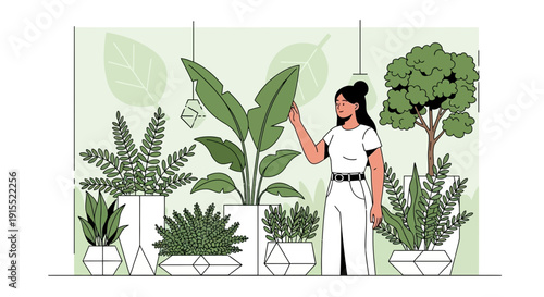 Woman Tending To Lush Indoor Plants In A Modern Minimalist Setting