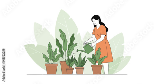 Woman Tending To Potted Houseplants With A Watering Can