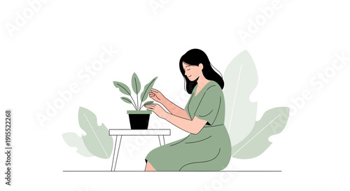 Woman Tending To A Potted Plant Surrounded By Foliage