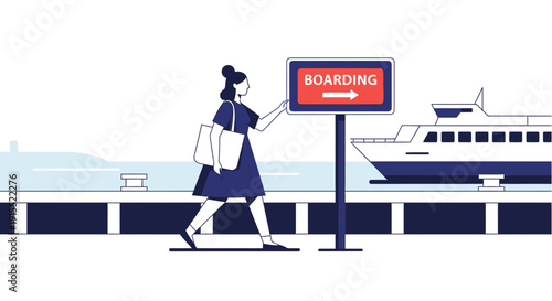 Woman Walking Towards Ferry Boarding Sign At Dockside