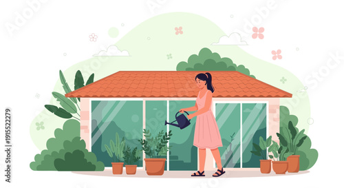 Woman Tending To Potted Plants Outside Modern Home