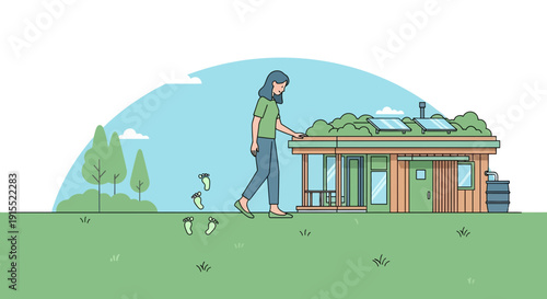 Woman Walks Towards Sustainable Home with Green Roof and Solar Panels