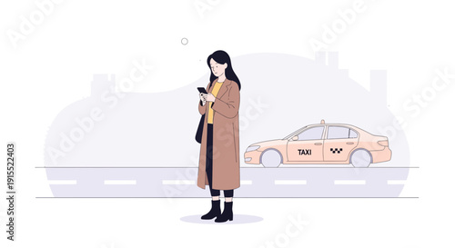 Woman Using Mobile Phone Waiting For Taxi On City Street Illustration