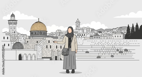 Woman Visiting Iconic Dome Of The Rock Landmark In Jerusalem City