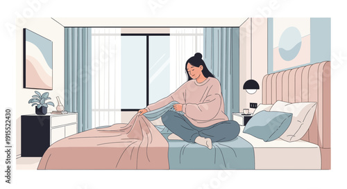 Woman Preparing Bed For Comfortable Sleep Morning Routine Domestic Comfort