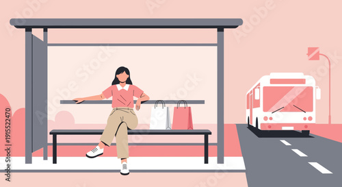 Woman Waiting At Bus Stop With Shopping Bags And Approaching Bus