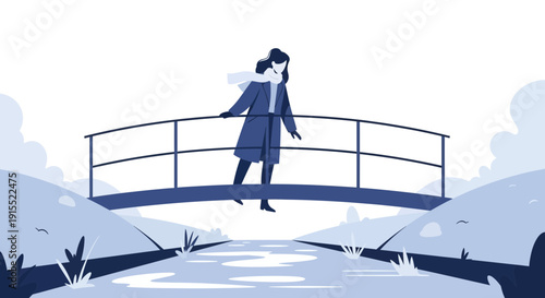 Woman Walking Across A Bridge Over Water In A Winter Landscape