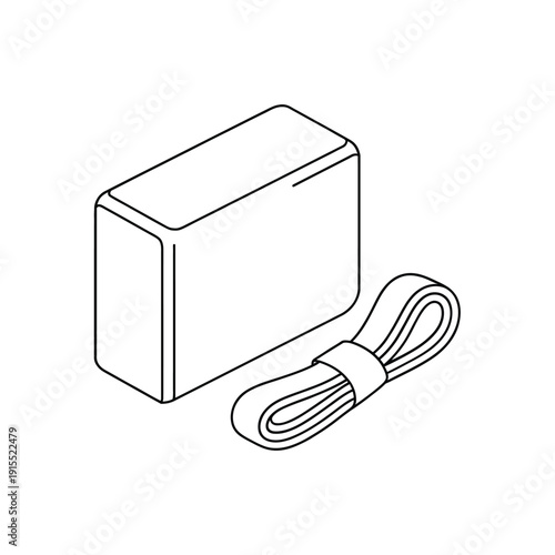 Simple line drawing of a camera with a strap beside it