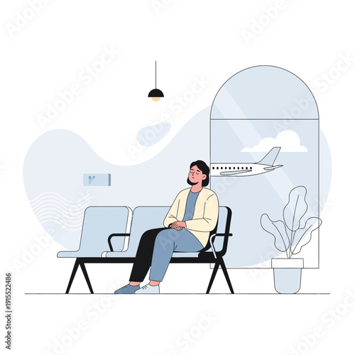 Woman Waiting For Flight In Modern Airport Lounge With Airplane View