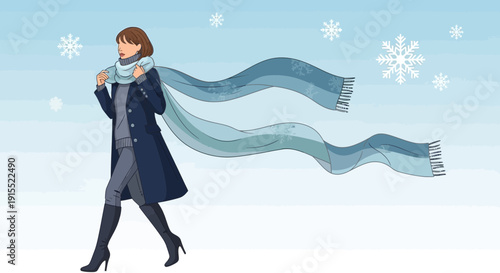 Woman Walking In Winter With Scarf Blowing In The Wind And Snowflakes Falling