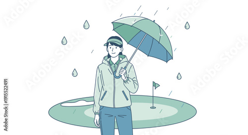 Woman With Umbrella On Golf Course During Rainy Weather
