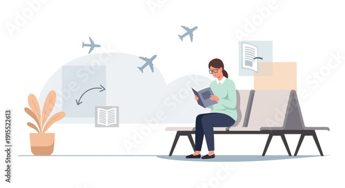 Woman Reading Book While Waiting For Flight At Airport Terminal