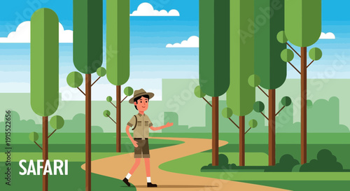 Young Adventurer Exploring Lush Safari Forest Pathways And Tall Trees