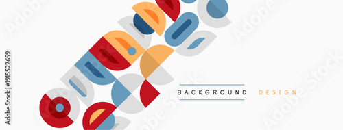 Colorful overlapping shapes create dynamic background. Text reads background design in simple font. Modern aesthetic, clean presentation.