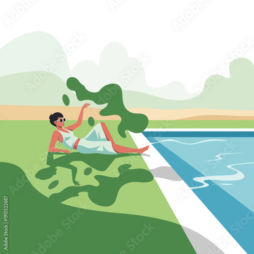Woman Relaxing By Pool On Grassy Knoll Outdoors