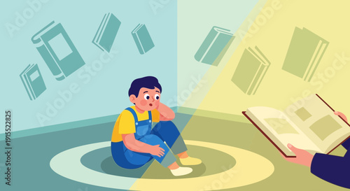 Young Boy Surrounded By Floating Books Engaging In Early Literacy