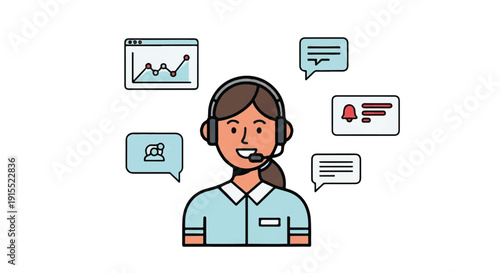 Female Customer Service Representative with Headset and Digital Support Interface Icons