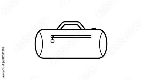 Simple line drawing of a cylindrical duffel bag with a handle and zipper