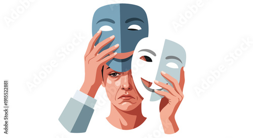 Sad Person Hiding Depression Behind Happy Masks Concept Illustration