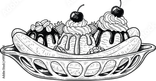 Classic banana split sundae with chocolate syrup whipped cream and cherries in engraving style