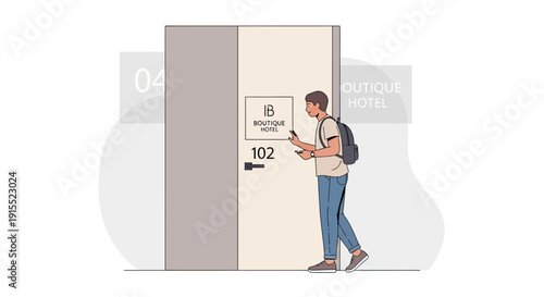 Young Man Arriving At Boutique Hotel Room With Backpack And Mobile Phone