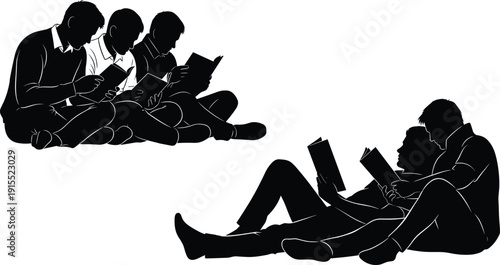 Silhouette set of students sitting and lying down while reading books together for education learning and academic study concept vector