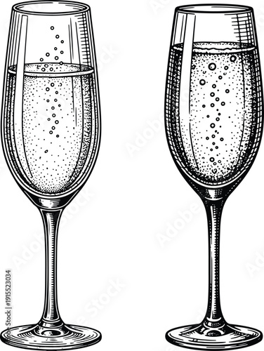 Elegant champagne flutes with sparkling bubbles in detailed vintage black and white engraving style