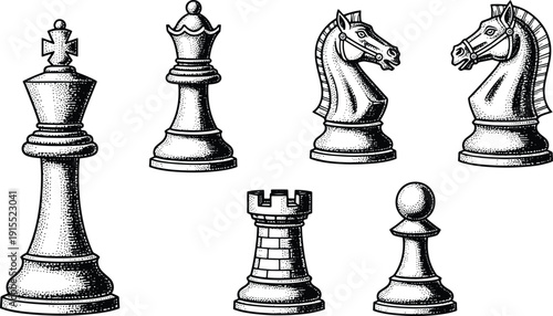 Vintage chess pieces collection including king queen knight rook and pawn in engraving style