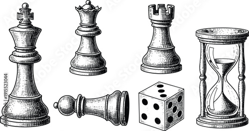 Vintage chess pieces dice and hourglass collection in detailed black and white engraving style