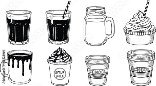 Coffee milkshake and school takeaway cups collection in detailed black and white engraving style