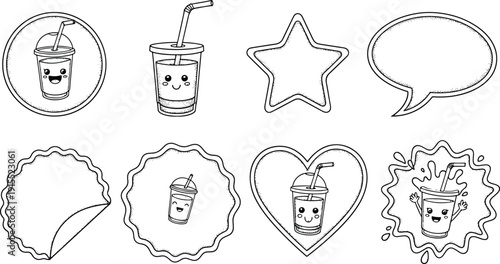 Cute drink cup badges frames and speech bubbles in detailed black and white engraving style