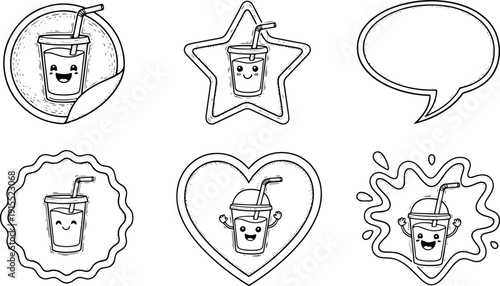 Cute drink cup sticker badges and frames collection in black and white engraving style