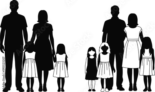Silhouette of two happy families with father mother and daughters standing together in a minimalist flat vector style on white