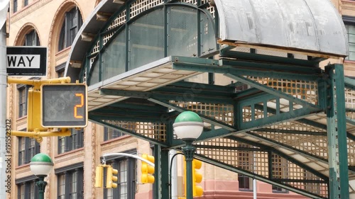 New York City old subway entrance, Franklin street and West Broadway, United States. American underground transport, Lower Manhattan Tribeca traffic. Metropolitan historic retro station, cast iron