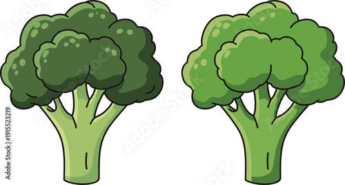 Cartoon broccoli vegetable illustration set in two green shades for organic food, healthy nutrition, and farm design