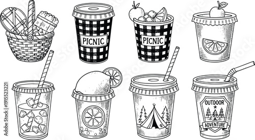 Picnic and outdoor adventure drink cups collection in detailed black and white engraving style