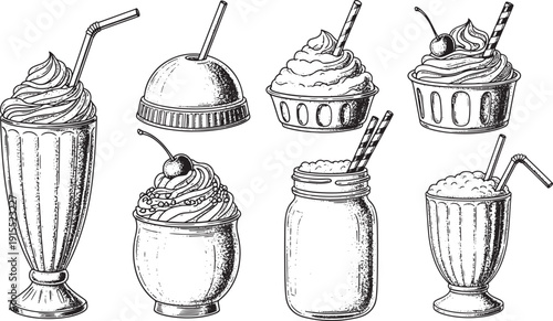 Vintage milkshake and dessert cups collection in detailed black and white engraving style