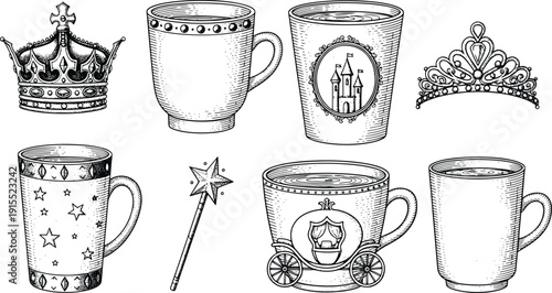 Princess fairytale themed mugs crowns and magic elements in detailed black and white engraving style