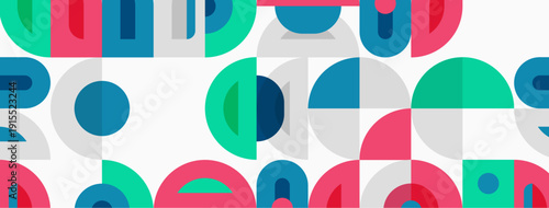 Abstract geometric pattern. Circles, semicircles, rectangles overlap. Colors include teal, pink, gray, white. Modern design element.