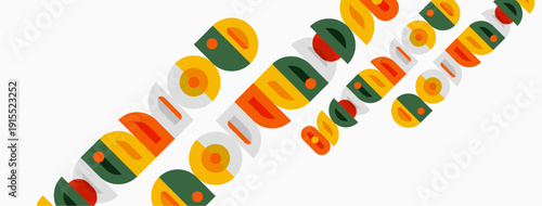 Abstract pattern features repeating colorful circles, rectangles. Design appears playful, modern, minimalist. Background is white.