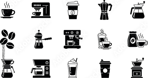 Coffee Maker and Brewing Equipment Icons Set with Espresso Machine Grinder and Cup Vector Illustration