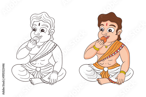 Cute Indian boy in traditional dhoti eating a laddu sweet. Includes a colored cartoon illustration and a black and white line art coloring page. Perfect for kids' activities and festivals.