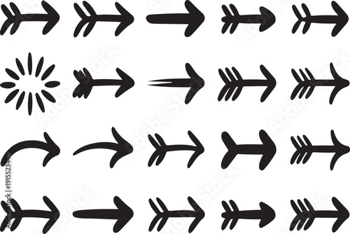 Hand-drawn black arrow and sunburst doodle vector element set.